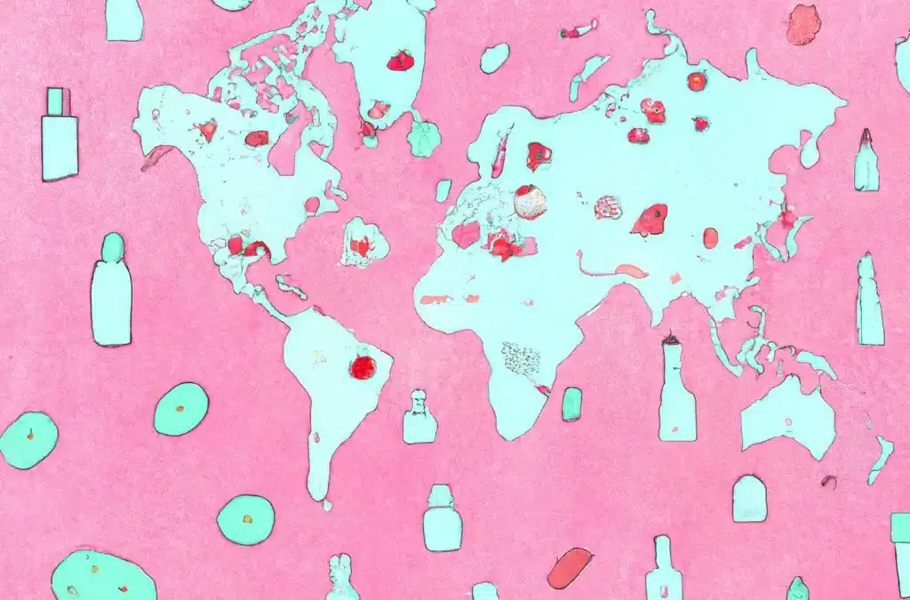 A sophisticated digital art image showing a stylized world map with small, subtle acne spots scattered across it, signifying 'Acne and Its Global Impact'. Around the map, artistically place skincare products targeted for acne. Ensure the image has a clean, professional aesthetic in line with Vogue and Elle publications, with a soft, soothing color palette.