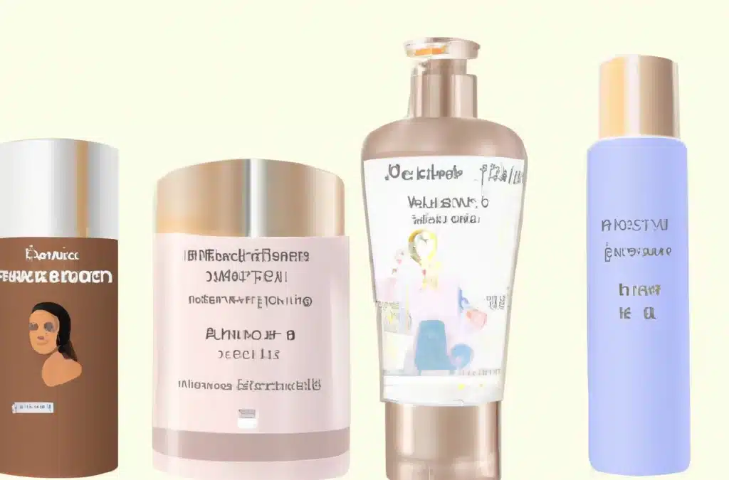 A digital art depiction of diverse skincare, showcasing bottles of products encompassed by various skin tone swatches, signifying racial and ethnic inclusivity. In the background, subtle silhouettes of faces of different ethnicities.