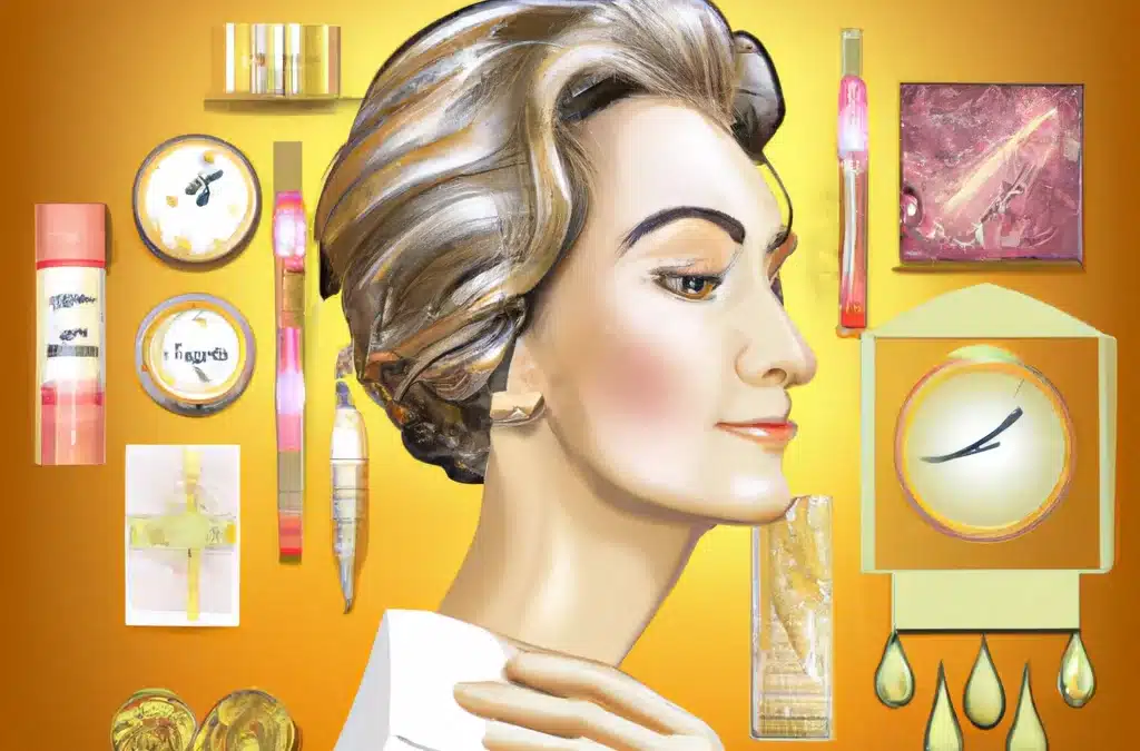 A digital art illustration of the concept 'Embracing Age Gracefully'. Visualize a gracefully aging woman's half-face glowing with health, merged with a clock motif symbolizing time. Surround her with elegantly designed anti-aging skincare products: serums, creams, eye treatments.