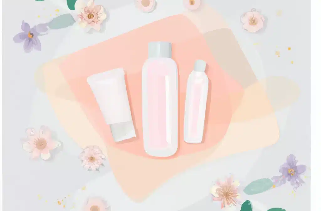 A subtly colored digital artwork of soothing skincare products resting on delicate floral motifs. It should suggest a calming routine for sensitive skin.